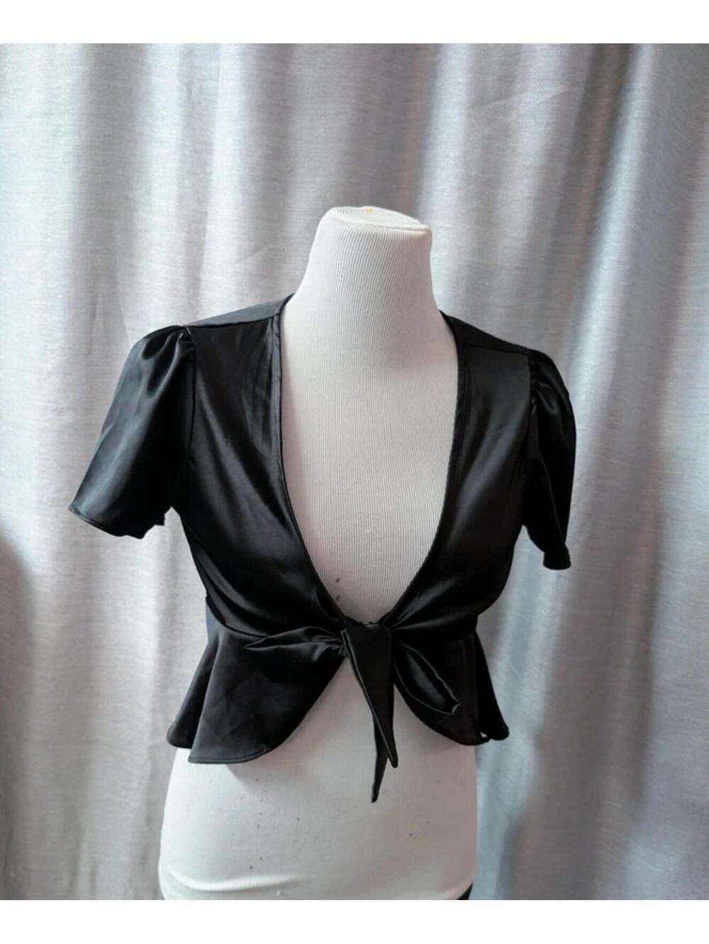 SOLD Wild Fable Peplum Top Black Satin Tie Front Top S